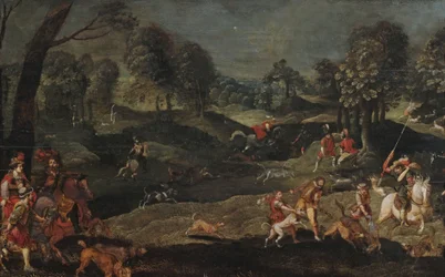 Chasse dans un paysage forestier, avec un couple royal participant